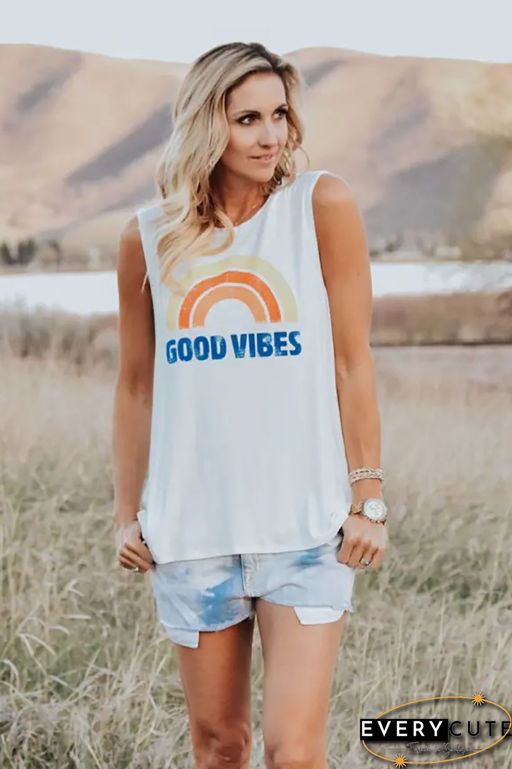 White Good Vibes O-Neck Rainbow Tank