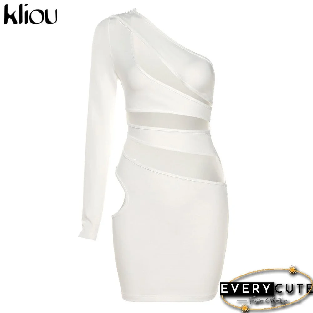 Kliou Sexy Charming Mini Dress Women Sheath Cut Off Hollow Out Cleavage Single Side Long Sleeve Diagonal Collar Party Clubwear
