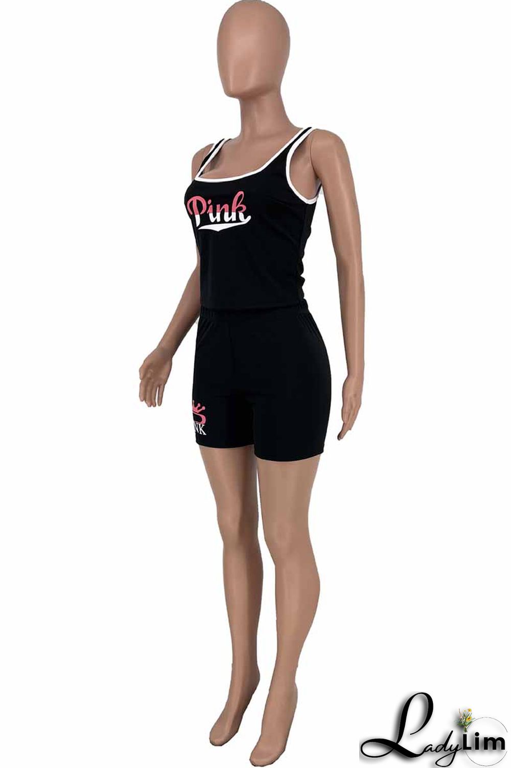 Pink Casual Print Letter U Neck Sleeveless Two Pieces