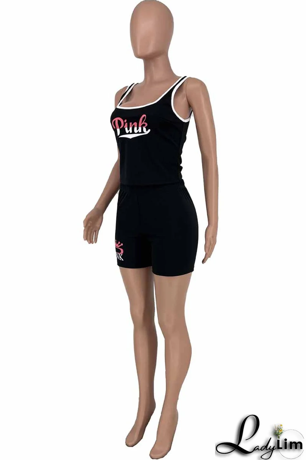 Pink Casual Print Letter U Neck Sleeveless Two Pieces