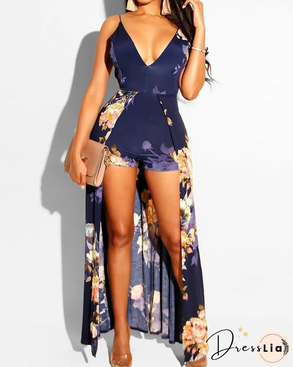 Floral Print Deep V-neck Romper Maxi Dress P11847