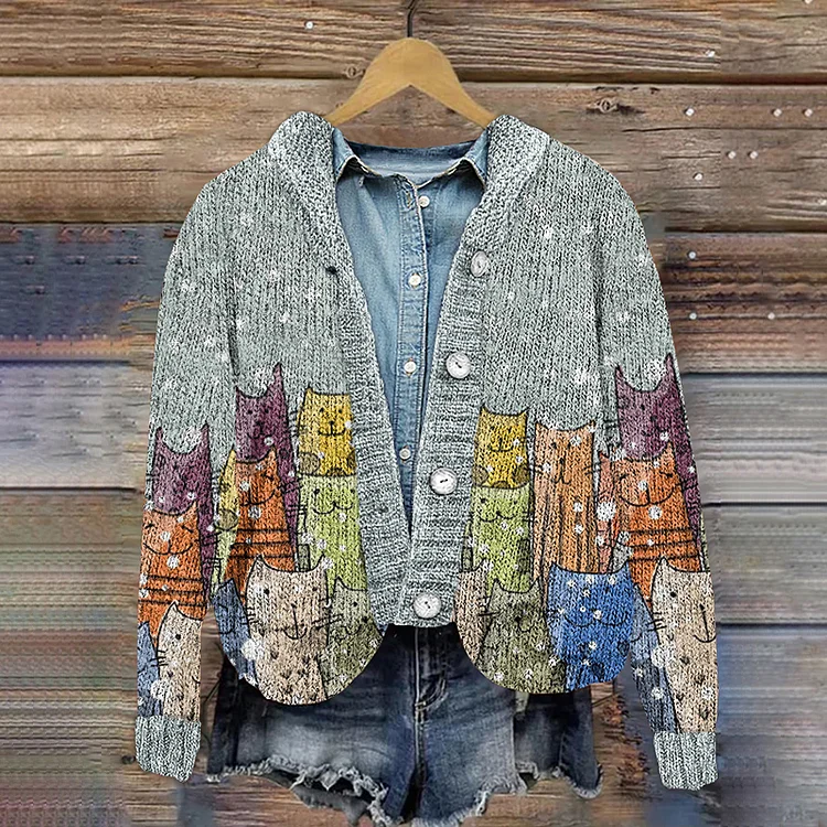Button Down Cute Cat Pattern Knit Printed Cardigan