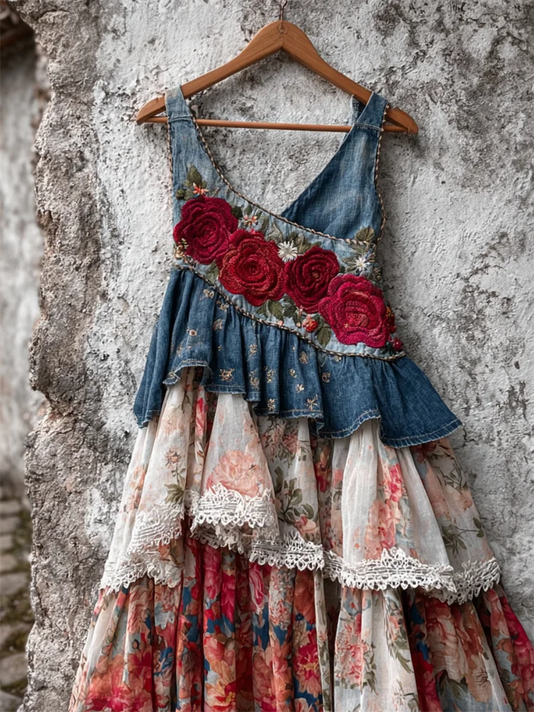 Red Roses American Flag Inspired Layered Lace Denim Maxi Dress
