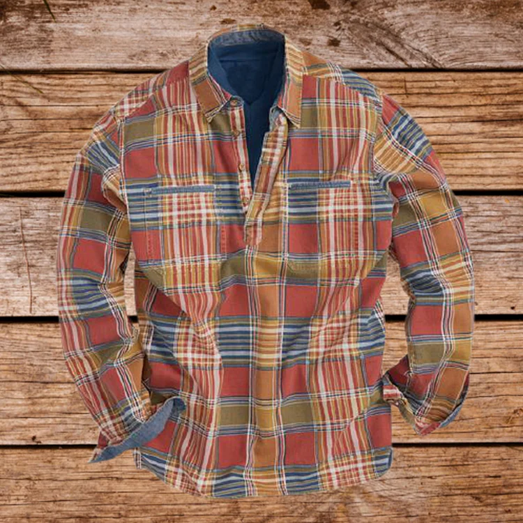 Men'S Basic Checked Long-sleeved Cotton Shirt