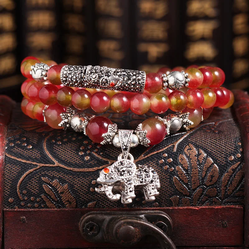 Watermelon Tourmaline PiXiu Elephant Positive Triple Wrap Mala Bracelet