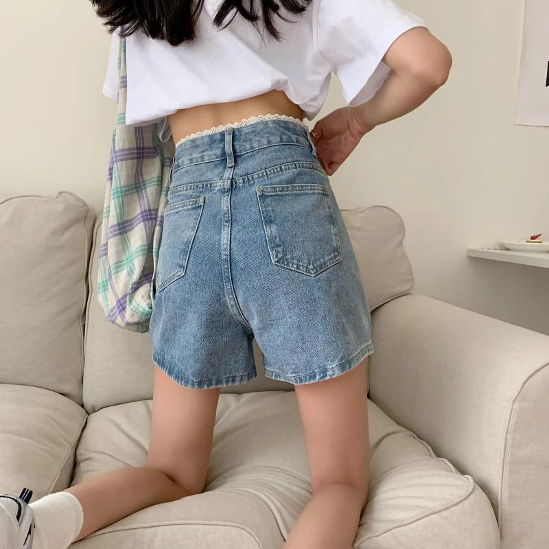 Shorts Women Patchwork Lace Blue Denim Straight Korean Style Simple Design Sweet Lovely Female Students Casual Slim Fashion Chi