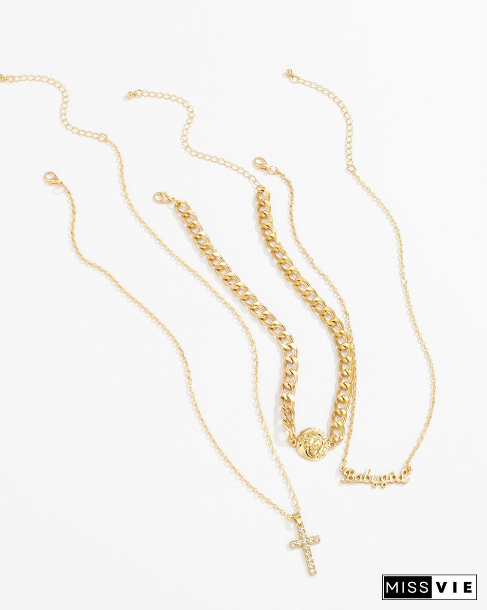 3PCS Coin & Letter & Studded Cross Pendant Layered Necklace