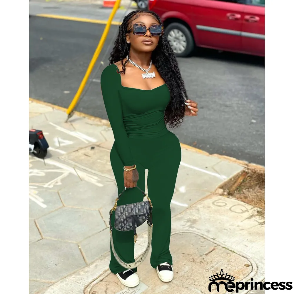 Solid Long Sleeve Two Piece Pants Sets