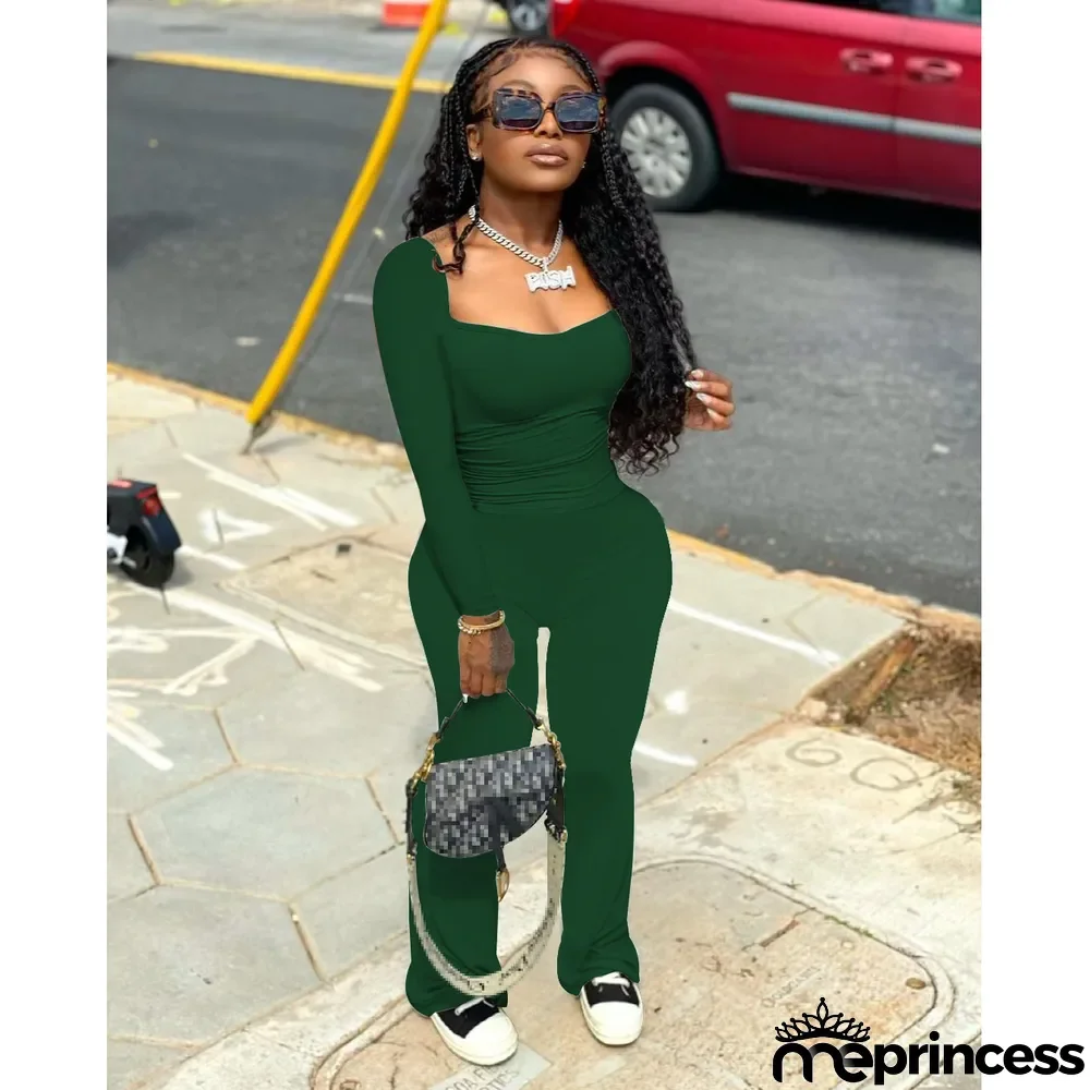 Solid Long Sleeve Two Piece Pants Sets