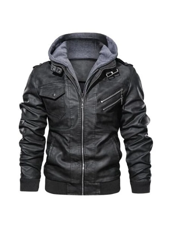 Autumn and Winter Men's Solid Color Casual Hooded Zipper Men's Leather Jacket Lapel Coat Large Size Men's Fashion Trend Jacket-Cosfine