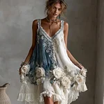 Women's Vintage Pink Rose Embroidery Art V-neck Suspender Mini Dress - Image 2