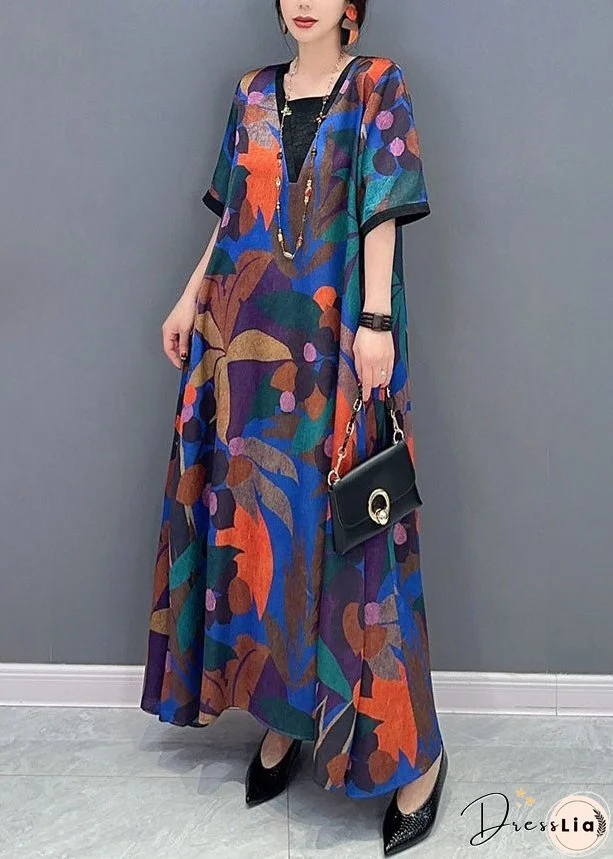 Natural Colorblock V Neck Print Patchwork Cotton Dress Short Sleeve