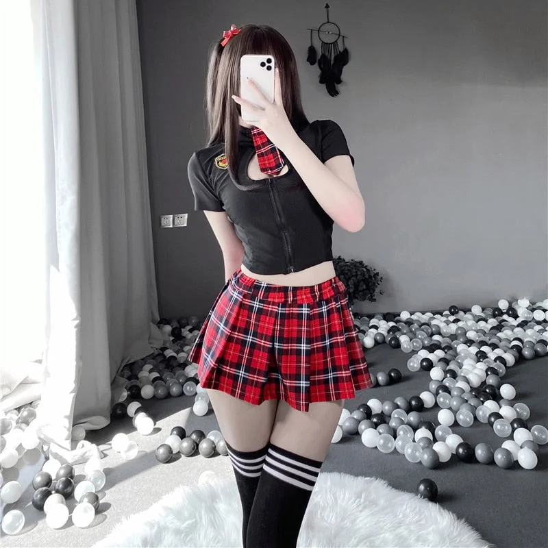 Tartan Patchwork Japanese Schoolgirl Cosplay Uniform Set Sexy JK Embroidery Pleated Role Playing Costume With Plaid Skirt Socks
