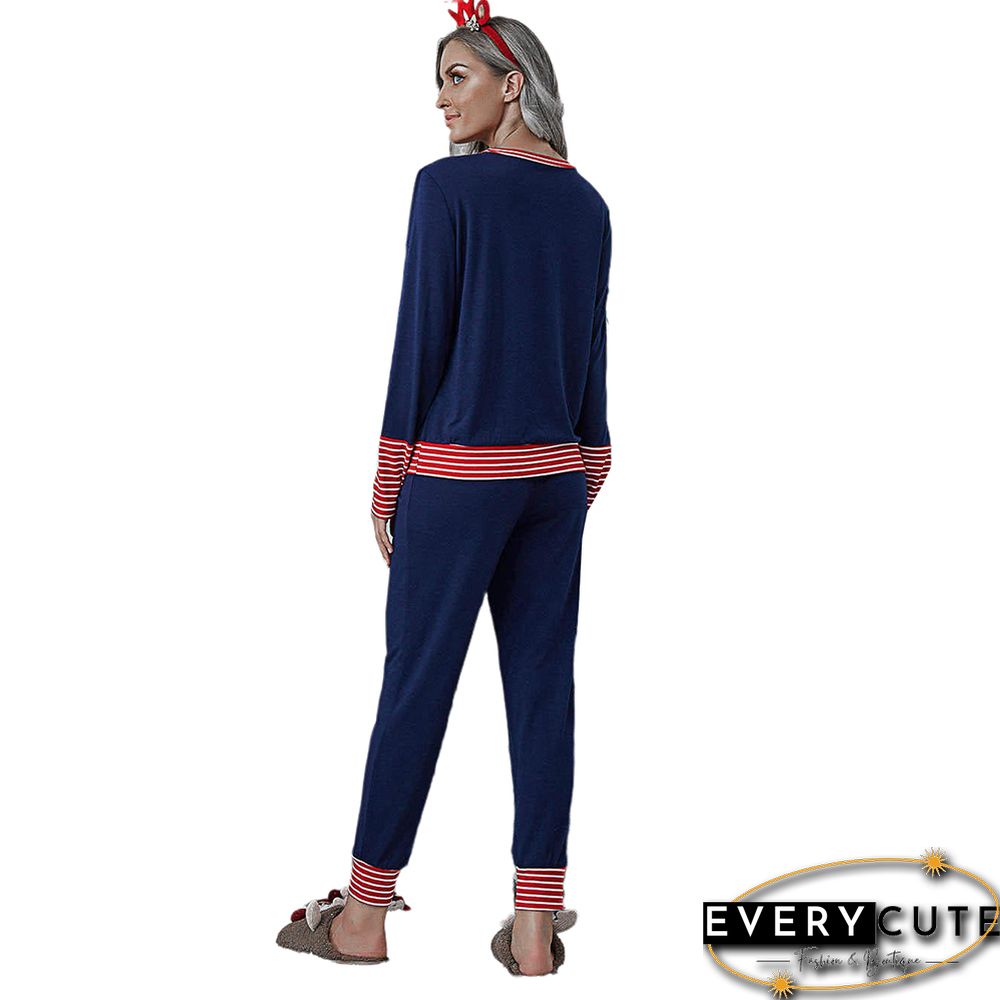 Navy Blue Merry Christmas Print Long Sleeve Loungewear Pajama Set