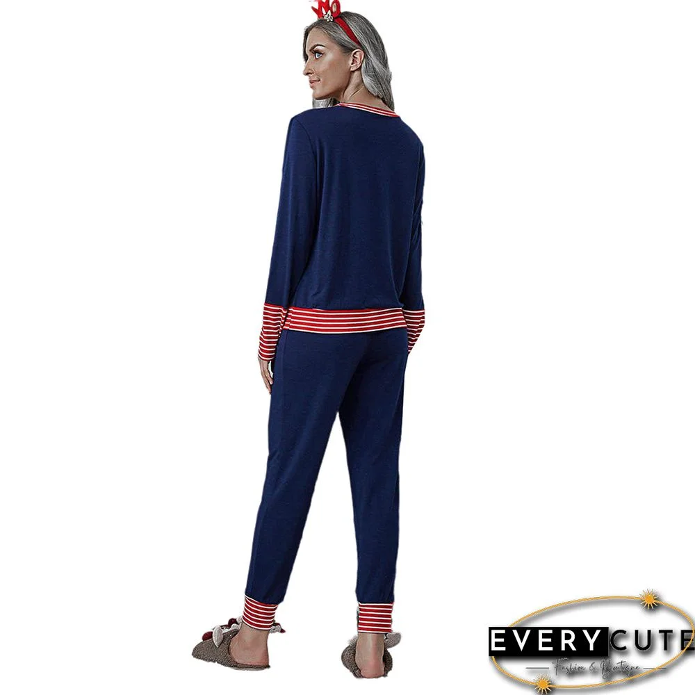 Navy Blue Merry Christmas Print Long Sleeve Loungewear Pajama Set