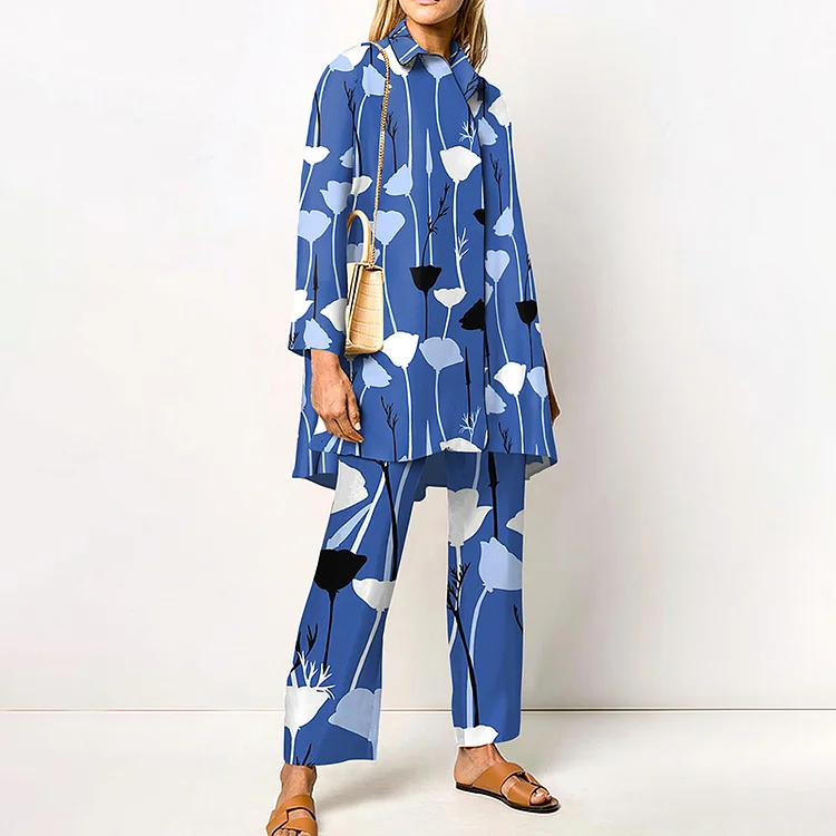 Fashion Lapel Print Long Sleeve Two Piece Set