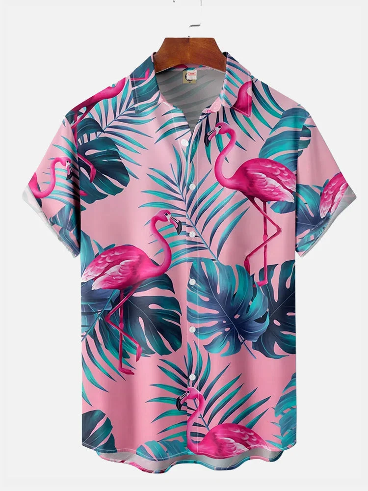 Full-Print Pink Flamingos And Tropical Jungle Printing Printing Short Sleeve Shirt