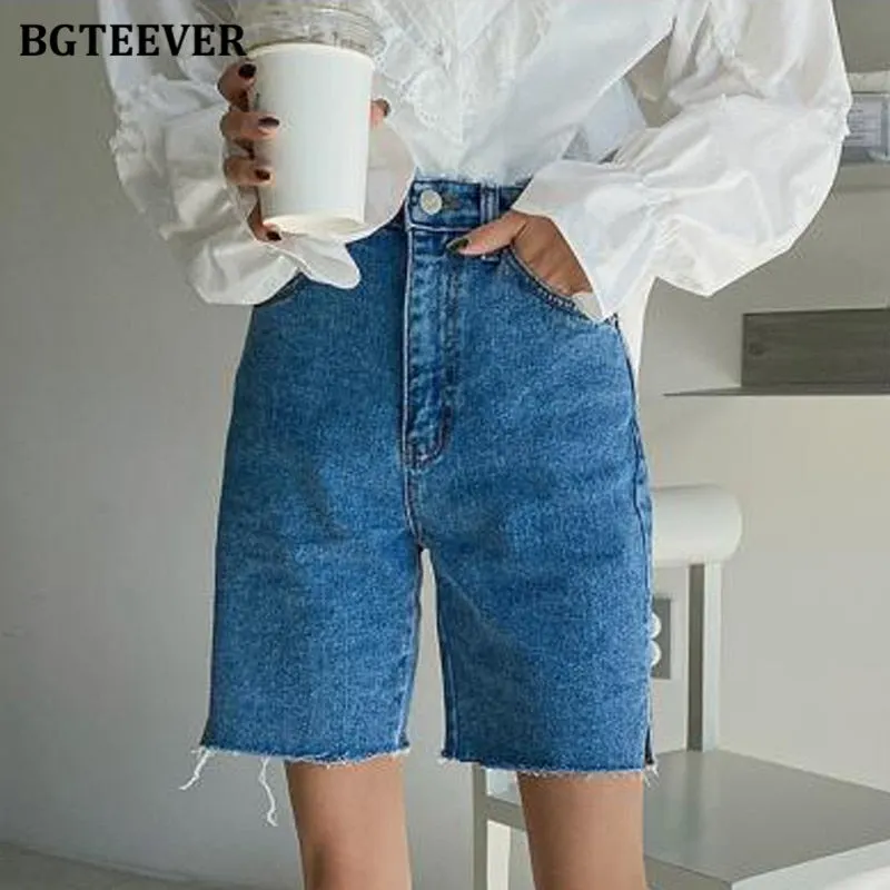 BGTEEVER Casual Summer Half Denim Shorts for Women High Waist Loose Pockets Female Straight Jeans Shorts 2021 Ladies Streetwear