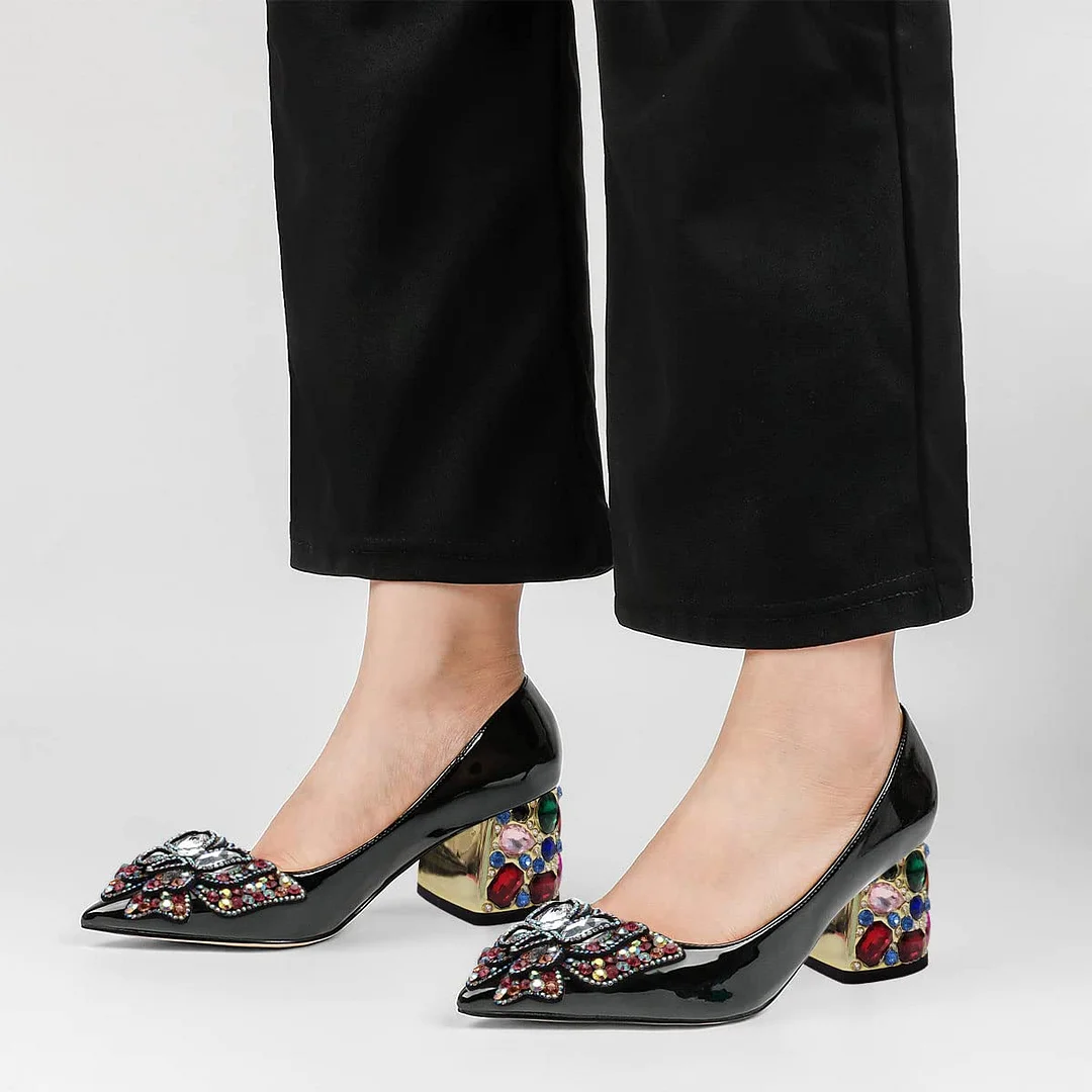 Patent Leather Pointed Colorful Rhinestone Butterfly Pumps in Black