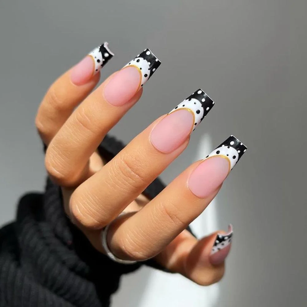 Extra Long Coffin Fake Nail Black And White Plaque False Nails French Ballerina Artificial Full Cover Nail Tips Press On Nail 515-Nail Inspo