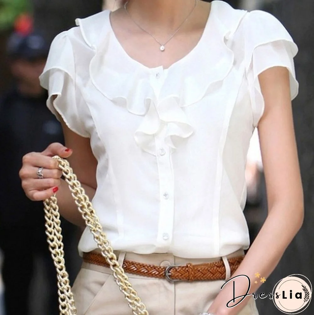 Spring Summer New Women Clothing Girl Casual Bow tie Short Sleeve Chiffon Blouse & Shirt Office Lady Ruffles Formal Tops