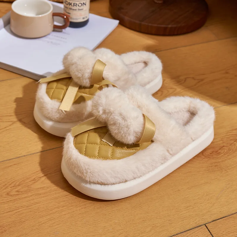Toneke popular women's shoes Women Winter Warm Short Plush Home Slippers Female Soft Thick Bottom Home Slippers Woman Non Slip Flat Heel Indoor Cotton Slides