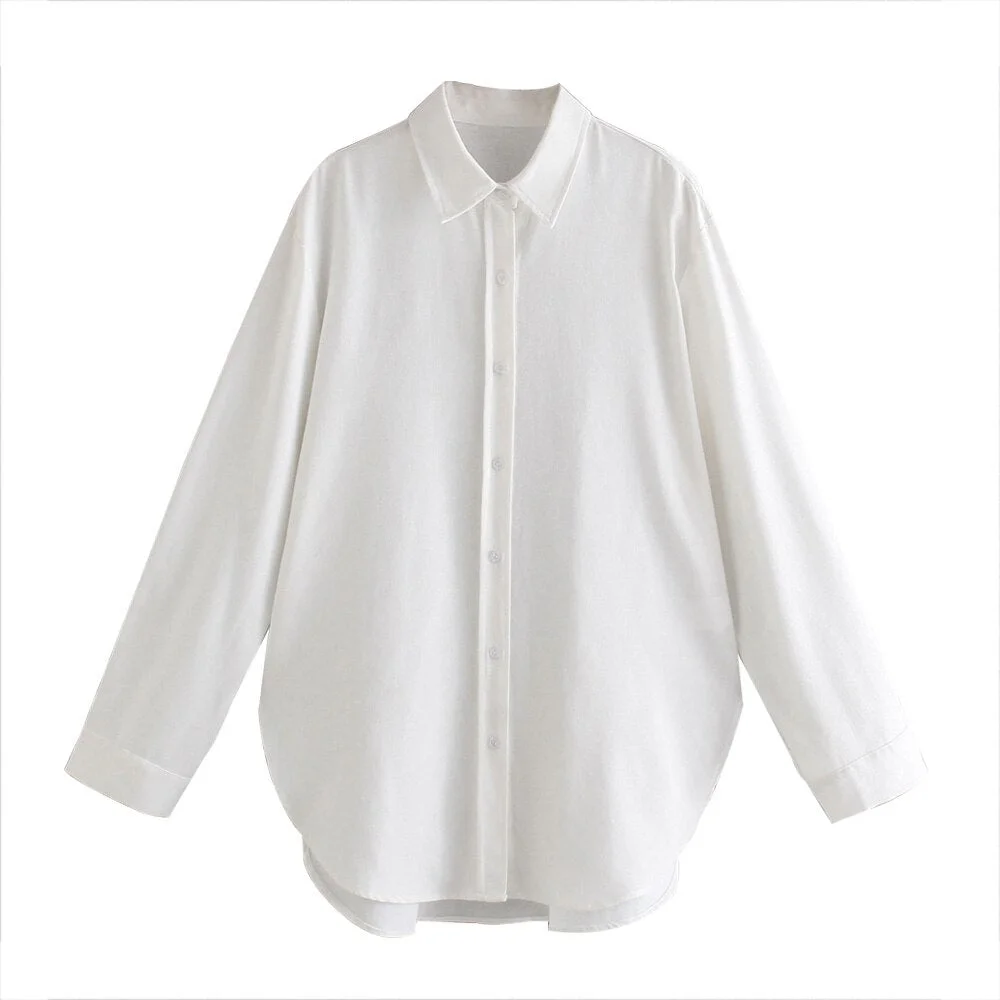 TRAF Women Fashion Loose Linen White Blouses Vintage Long Sleeve Button-up Female Shirts Blusas Chic Tops