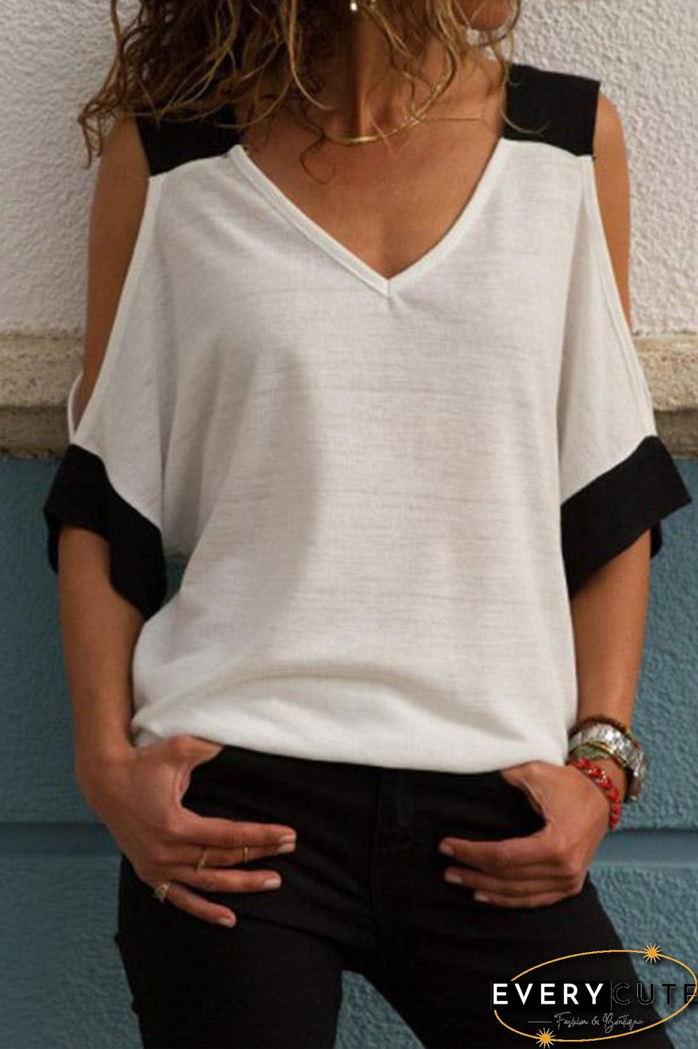 Mixed Color V Neck Half Sleeve Off The Shoulder Top