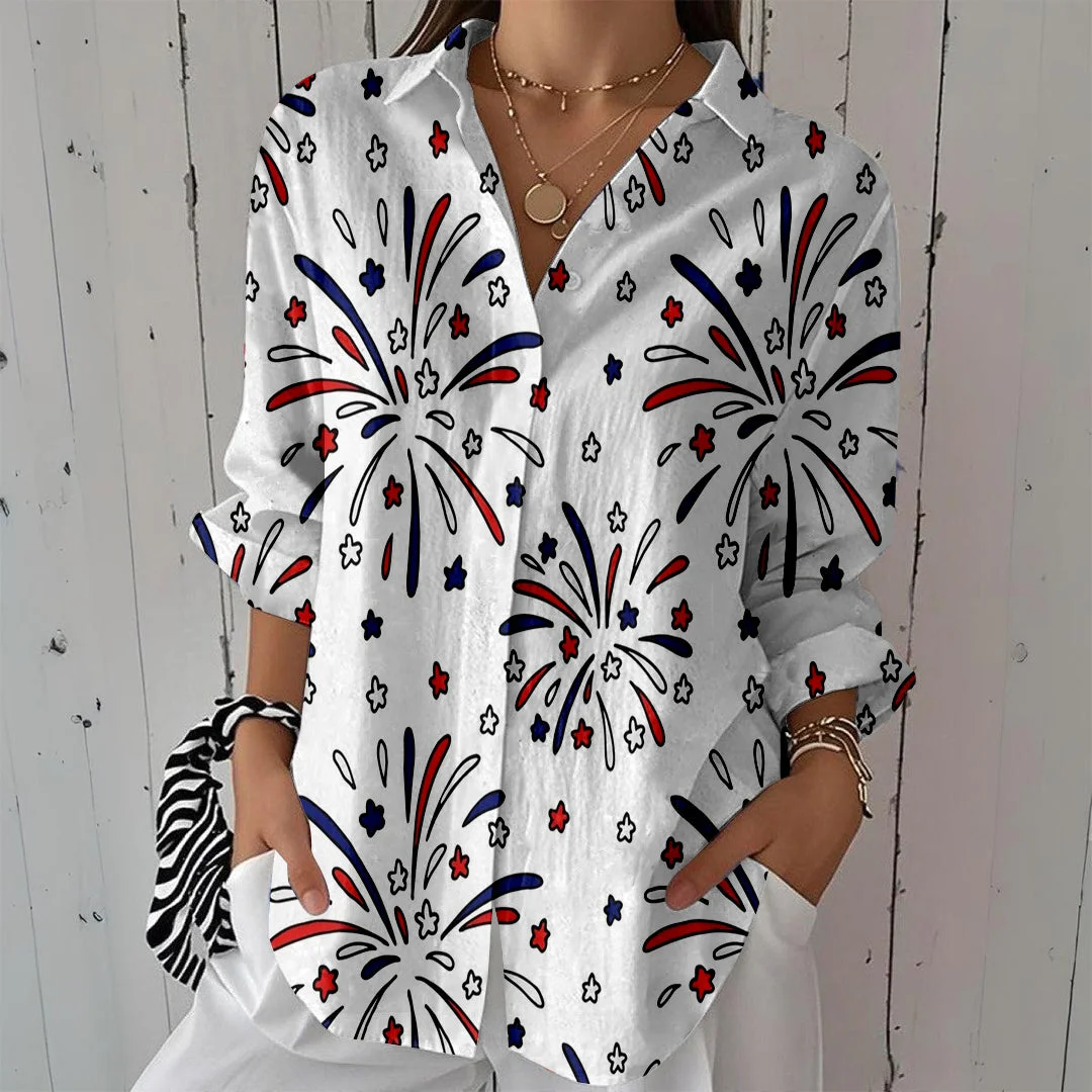 Style & Comfort for Mature Women Women  Independence Day, Star, Striped, Blue, Red DZCL0220 3/4 Sleeve Shirt Collar Printed Button Tops