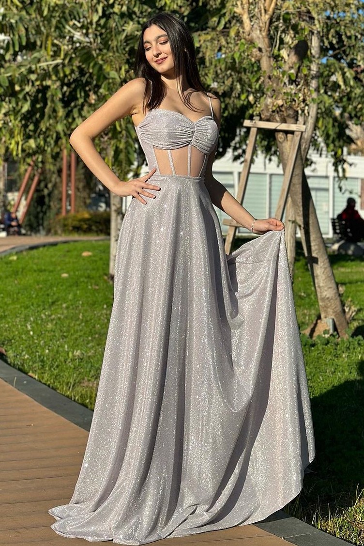 Oknass Elegant Silver Sleeveless Spaghetti Strap Sweetheart Long Prom Dress