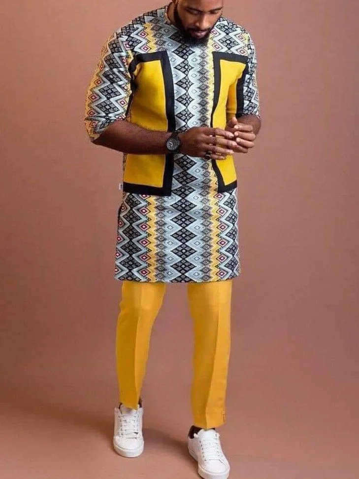 Men's fashion casual yellow two-piece suite