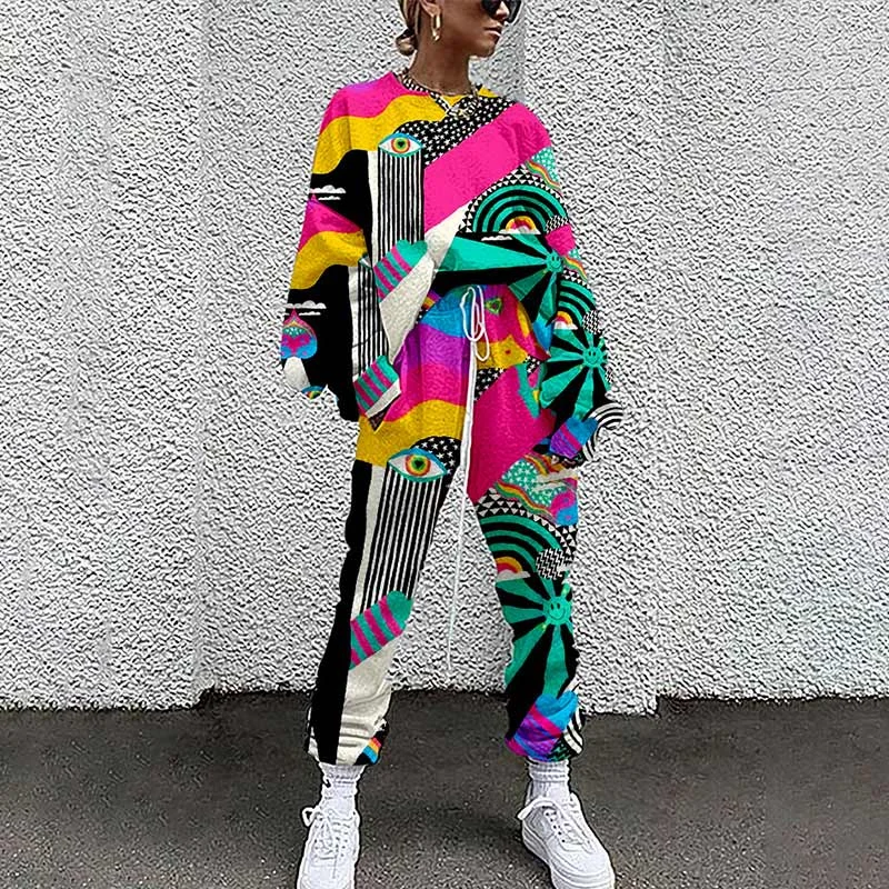 Breakj Tracksuit Two Piece Pullovers Cloting Long Sleeve Tie-dye Print Female Tops And Elastic Waist Pants Slim Casual Streetwear 217-1