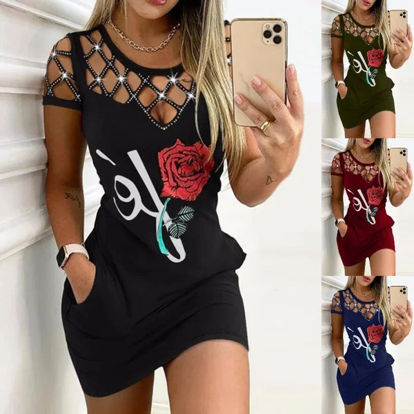 Summer Women Fashion Rose Printed Dress Home Casual O Neck Hollow Out Short Sleeves Dress Slim Package Hip Short Dress Sexy Street Style Club Dress
