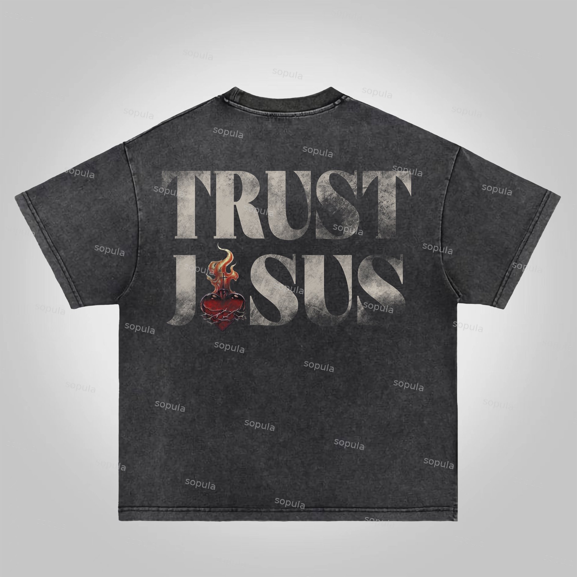 Sopula Trust Jesus Vintage Slogan Graphics Acid Washed T-Shirt