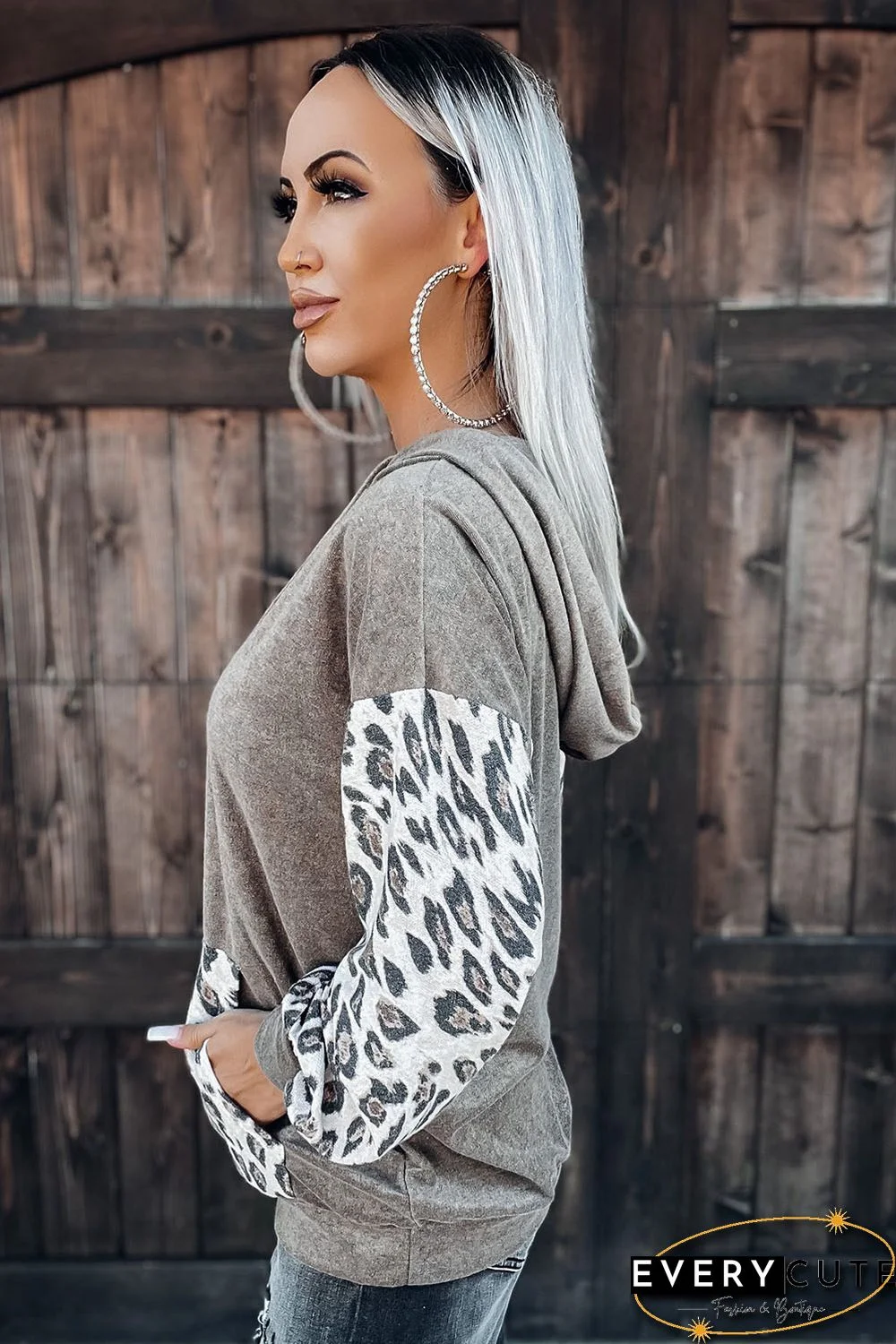 Leopard Patchwork Hooded Sweatshirt with Kangaroo Pocket