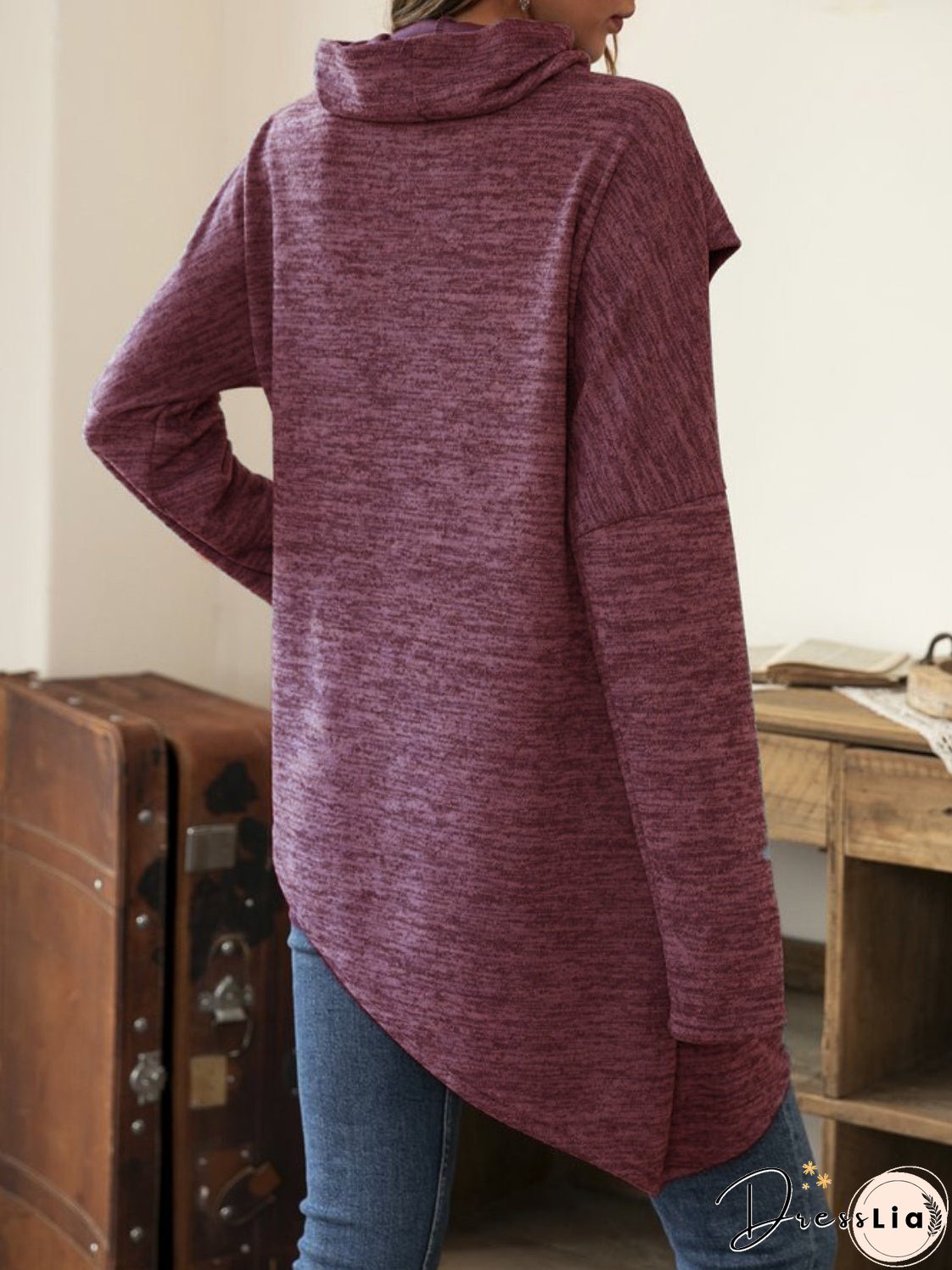 Asymmetrical Hem Cowl Neck Long Sleeve T-Shirt