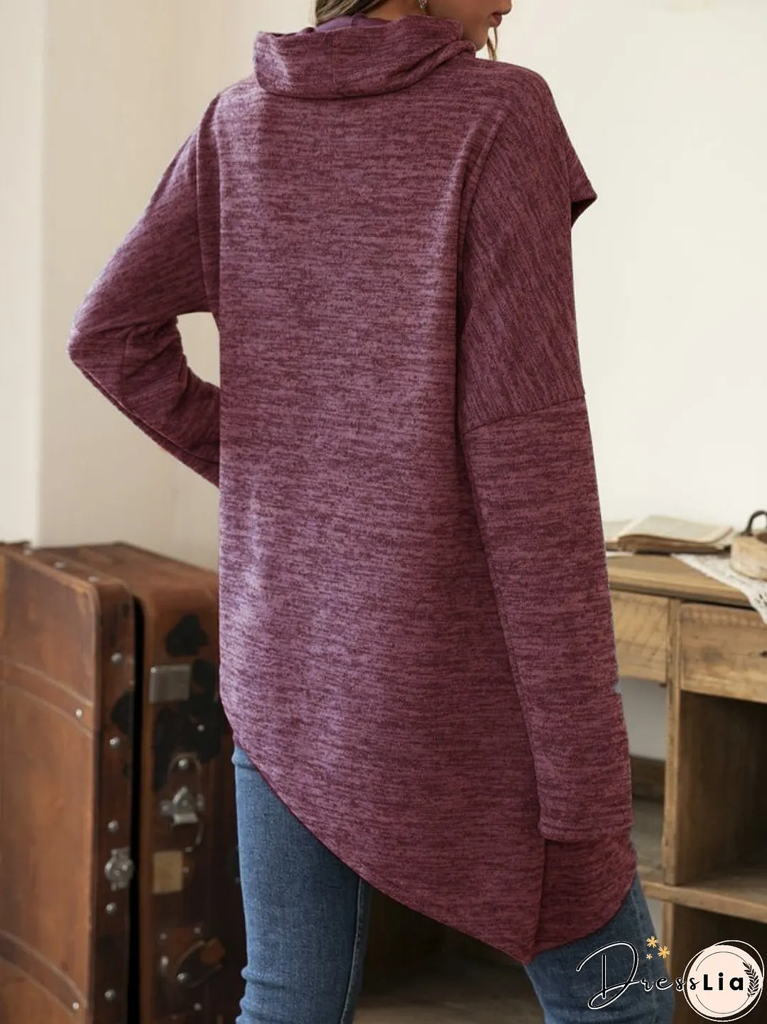 Asymmetrical Hem Cowl Neck Long Sleeve T-Shirt