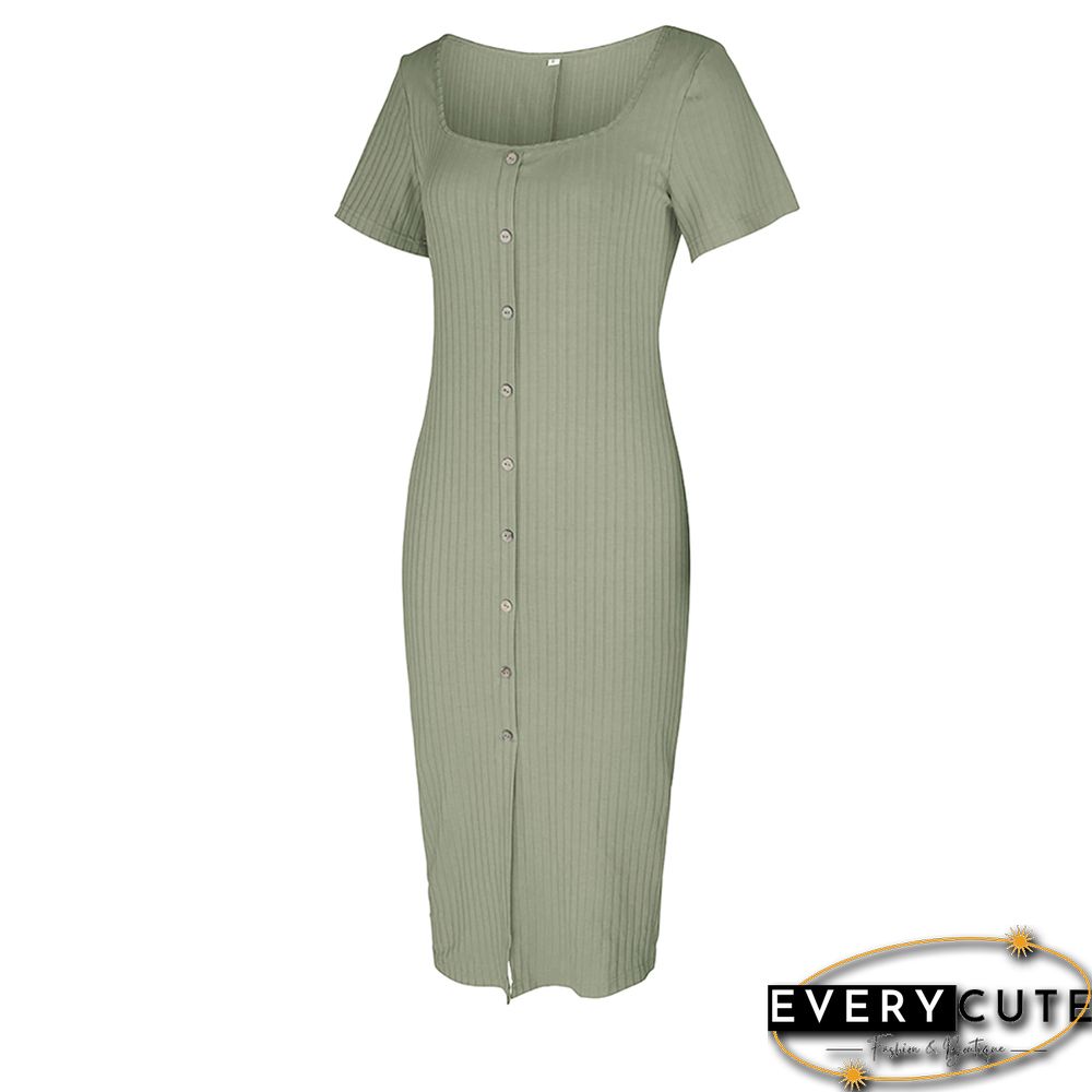 Light Green Rib Button Split Bodycon Dress