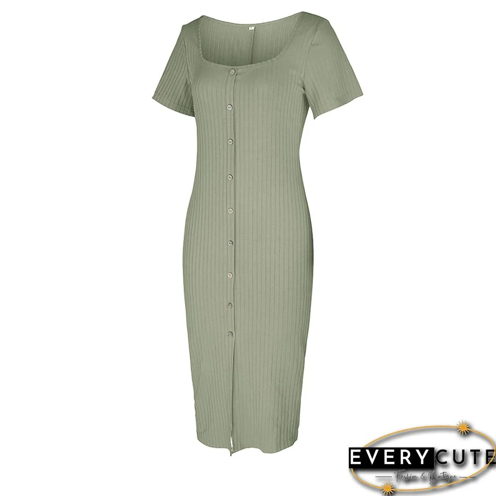 Light Green Rib Button Split Bodycon Dress