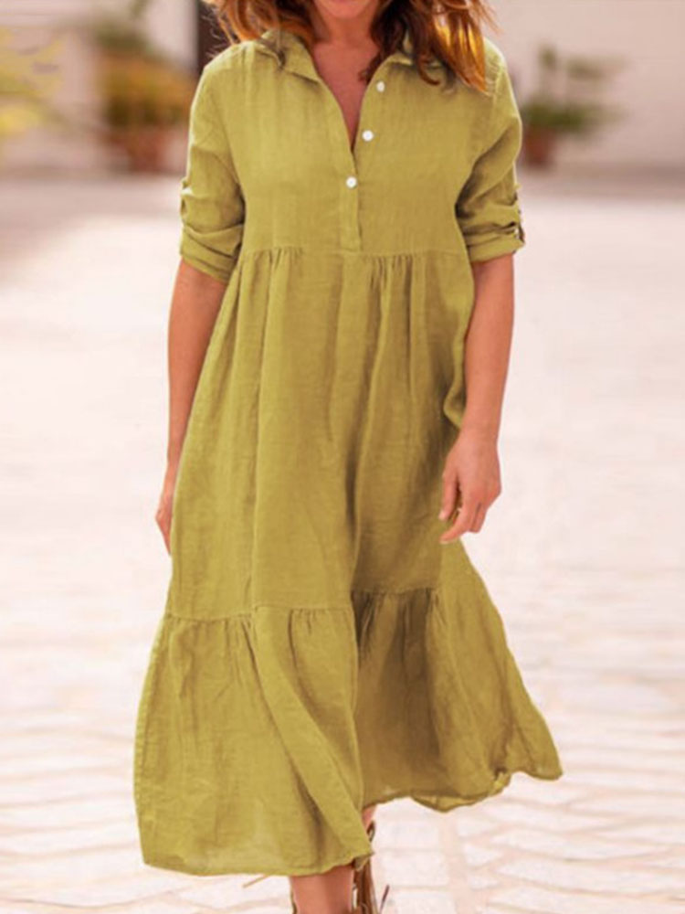 Retro Lapel Fashion Casual Cotton Linen Loose Midi Dress