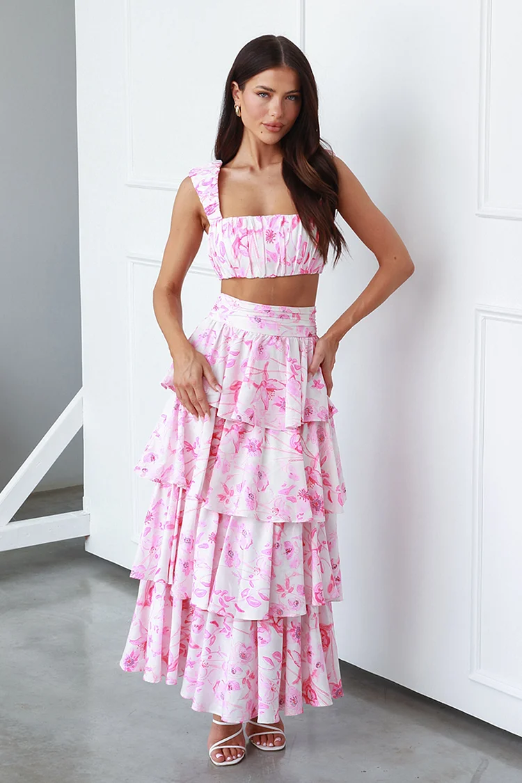 Square Neck Ruched Sleeveless Crop Top High Waist Layered Maxi Skirt Floral Print Matching Set [Pre Order]
