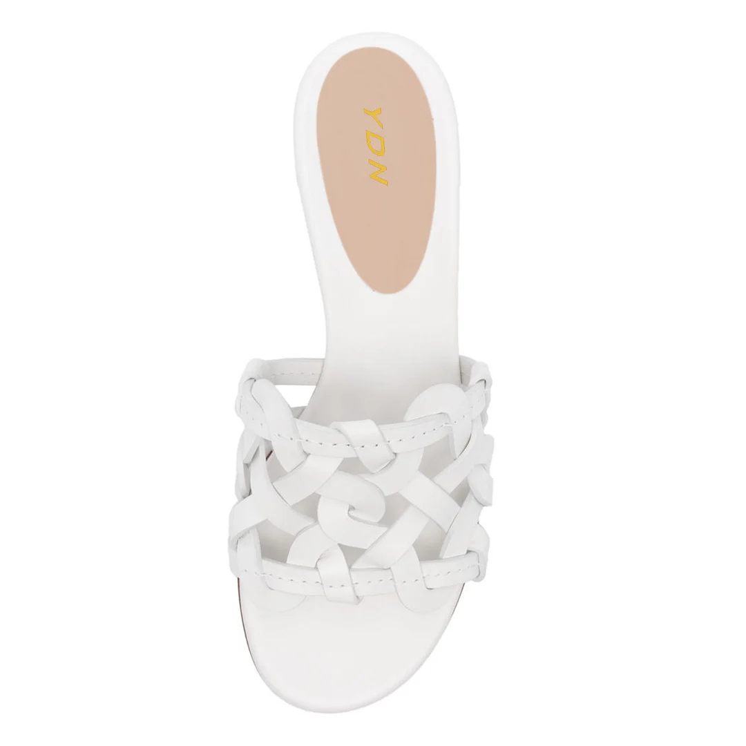 YDN White Woven Open Round Toe Slide Sandals with Block Heels