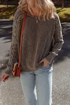 Women's Thick Dark Brown Contrast Cable Knit Sleeve Casual Sweater