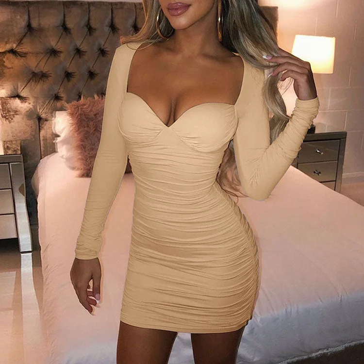 Solid U Neck Long Sleeve Bodycon Dress - IRBOOM Fashion Clothing