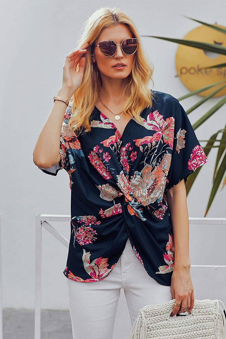 V-neck Twist Printed Blouse With Short Sleeves - Life is Beautiful for You - SheChoic