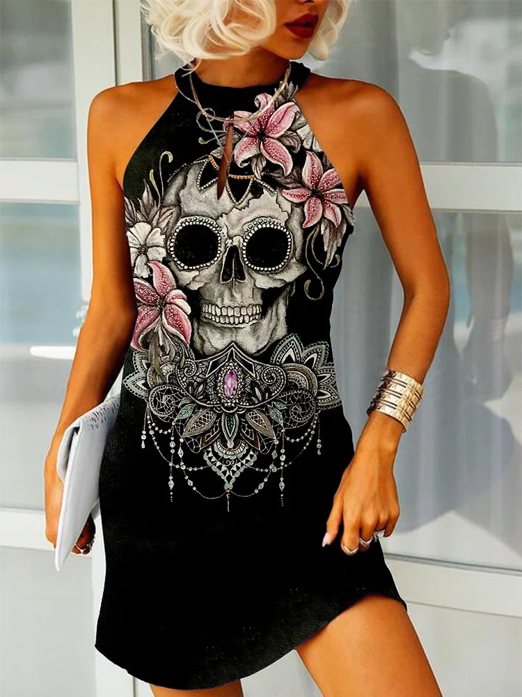 Flower Sugar Skull Slim Fit Mini Dress