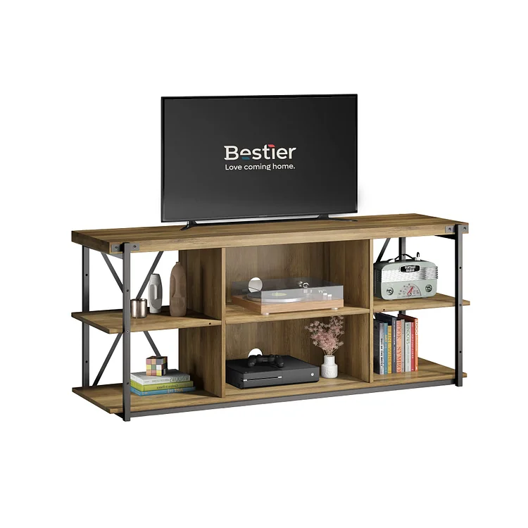 Bestier TV Stand for 55 inch TV, Industrial TV Console Table for TV up to 65+", Wood Entertainment Center with Storage Shelves, Modern TV Cabinet for Living Room, Retro Oak