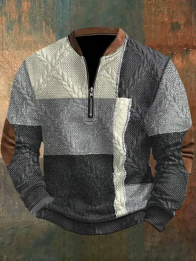 Utbros Men's Retro Western Design Jacquard Fabric Zipper Neck Sweatshirt