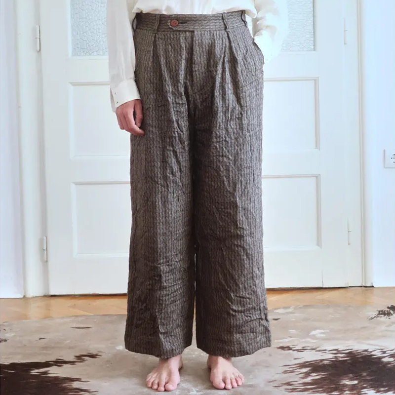 Vintage Men's Dark Herringbone Linen Blend Basic Trousers