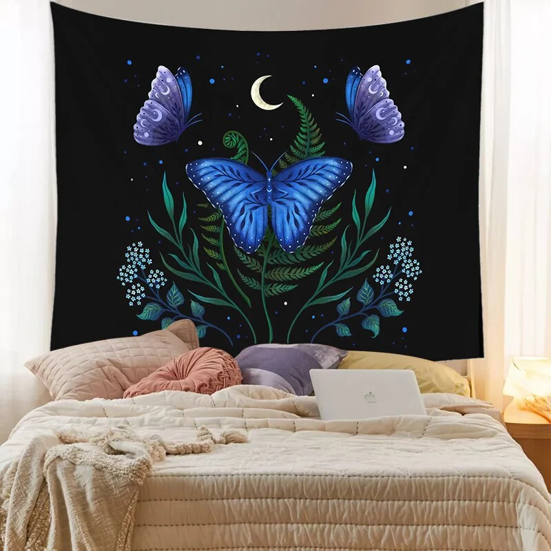 Vintage Moon Phase Wall Hanging Tapestry Mooonlight Green Olive Leaf Black Sun Witchcraft Divination Tapestry Butterfly Decor